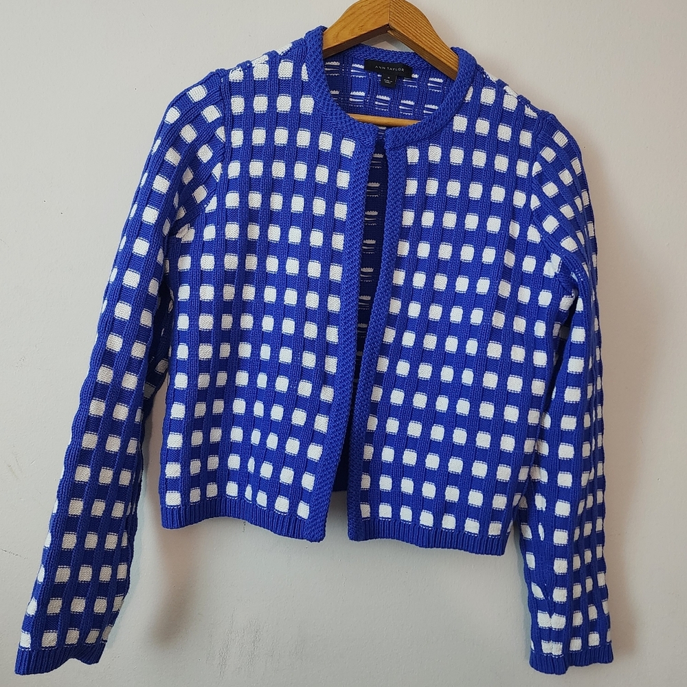 Ann Taylor Royal Blue and White Checkered Knit Cardigan - Picture 4 of 9